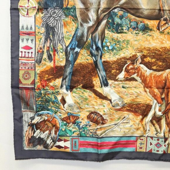 HERMES Carre 90 Scarf ""Les Cheyennes"" Silk Brown - Picture 8 of 14